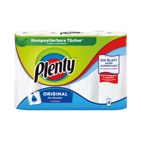 790501 Plenty Kuechenrolle Original 2 lagig, weiss, 4 Rollen a 45 Blatt 26 x 22,8 cm, kompostierbar